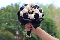 Elegant Golden Rhinestone Wedding Bouquet with Ivory Satin Roses & Crystals