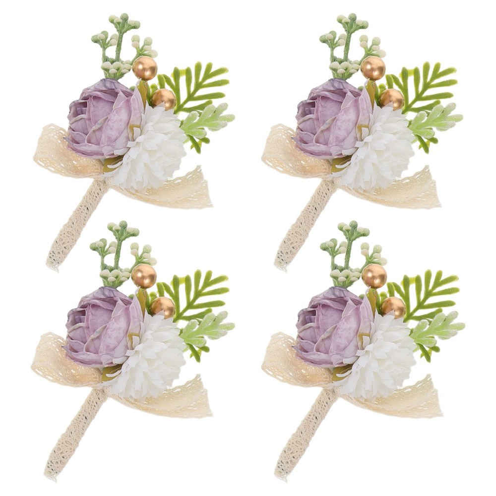 4 Pcs Artificial Corsage Groom Flower Pin Wedding Boutonniere Corsages