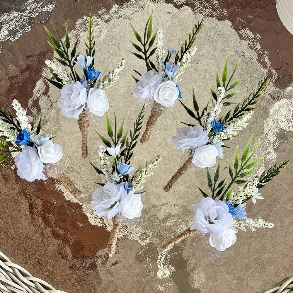 Lot Of 6 Light Blue/White Mini Boutonnieres For Men/Grooms Artificial Flowers