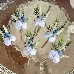 Lot Of 6 Light Blue/White Mini Boutonnieres For Men/Grooms Artificial Flowers