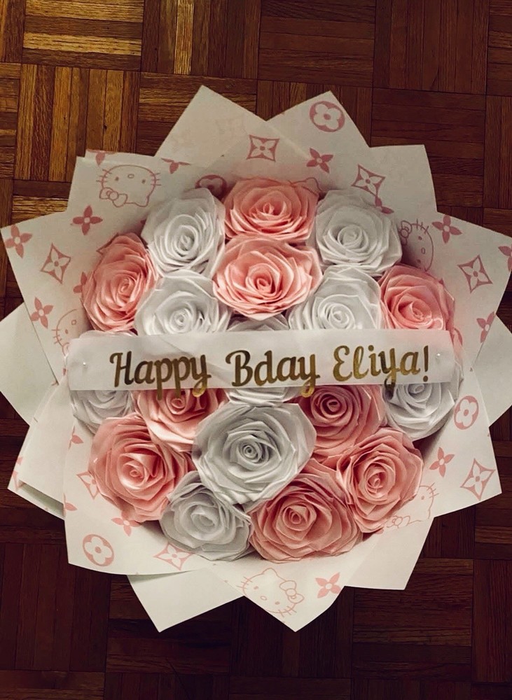 17 Count Pink And White Ribbon Rose Bouquet, With Custom Initial And 2 Lilies