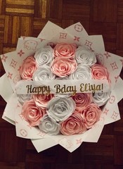 17 Count Pink And White Ribbon Rose Bouquet, With Custom Initial And 2 Lilies