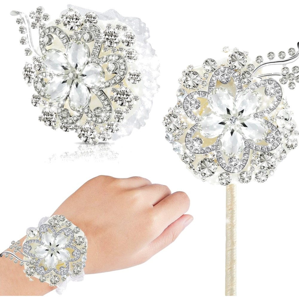 2 Pcs Rhinestone Wrist Corsage and Boutonniere Set – Artificial Flower Corsag…