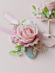 Corsage and Boutonniere Set with Pink Roses for Bride, Groom, Bridesmaids Grooms