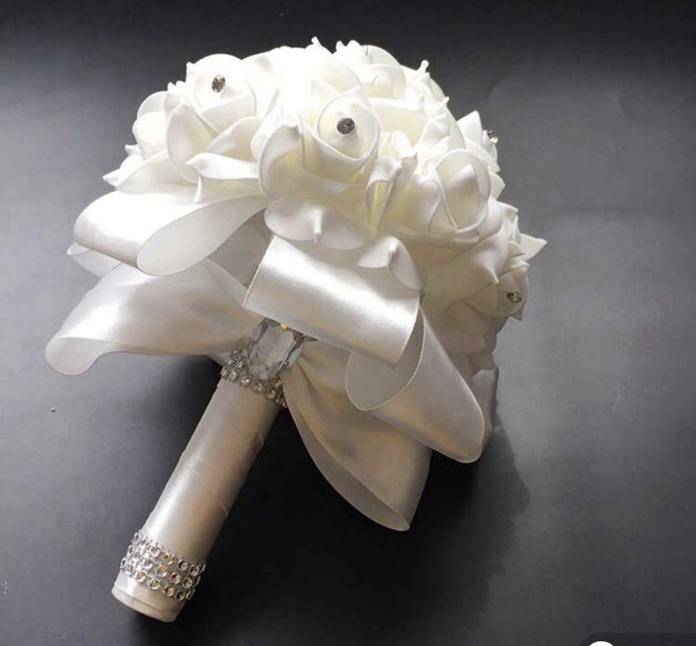 Handmade White Artificial Rose Wedding Bridal Bouquet w/ Ribbon Handle 9 in