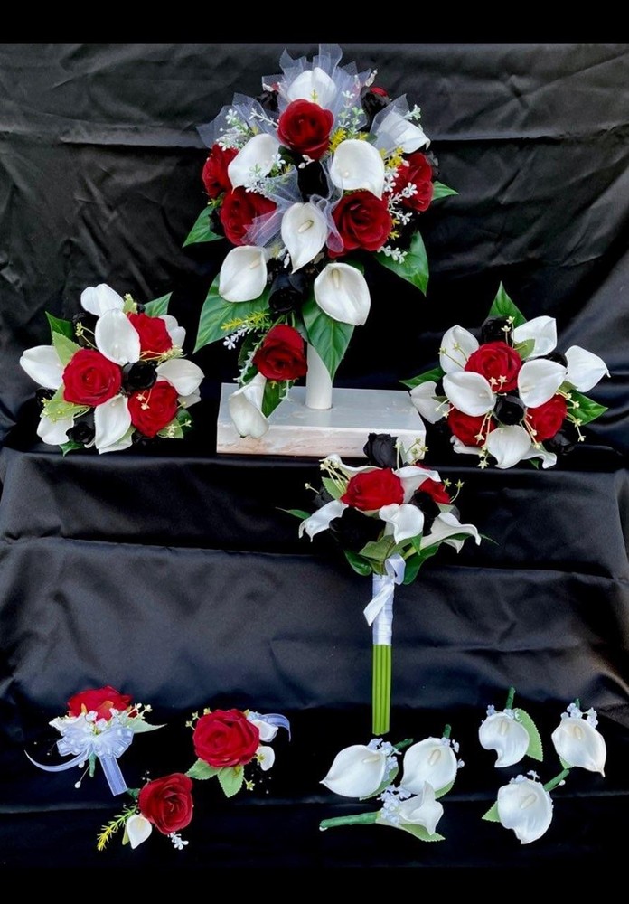Red Black Roses White Calla Lily Lilies Bridal Bouquets Wedding Flowers 13pc