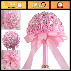 6.3″ Pink Bling Brooch Bouquet – Artificial Rose Flower for Bridal, Bridesmaid,