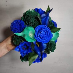 Royal Blue Hunter Green Rose Calla Lily Sola Bridal Wedding Bouquet Accessories