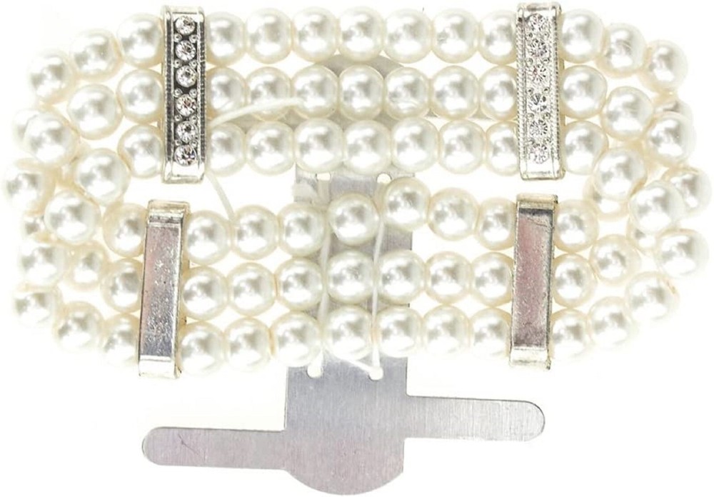 Wristlet White pearl 3 strand Silver Rhinestone Stretch Band Corsage formal