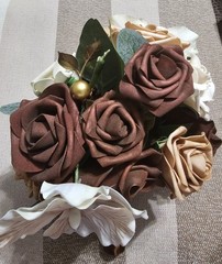 Blush, Brown Ivory Small Bouquet Wrapped With Brown Ribbon
