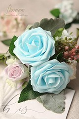 Artificial Flowers 25pcs Real Looking Foam Fake Roses with 25Pcs Aqua Blue