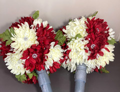 2 Silk Flower Bouquets Red/Ivory/Green w/Rhinestones & Faux Pearls 2 piece set
