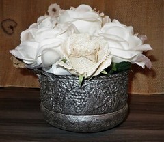 Burlap Roses & White Silk Rose Handmade Arrangement in Metallic Pot