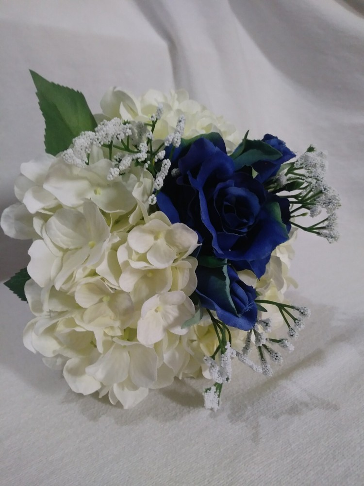 Wedding Bouquet Silken / Plastic White Hydrangea w/ Dark Blue Rose NEW