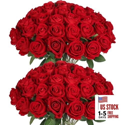 50 PCS Fake Roses, Artificial Flowers Bulk Realistic Silk Faux Rose 50 Pcs Red