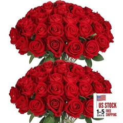 50 PCS Fake Roses, Artificial Flowers Bulk Realistic Silk Faux Rose 50 Pcs Red