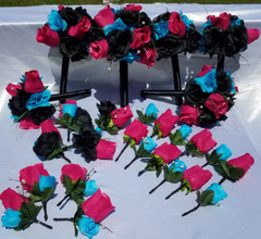 Wedding Bouquet Set – Black, Bright Pink, Turquoise Rose Flowers – 26 pieces