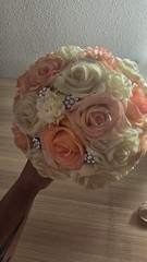 Handmade Faux Rose Bridal Bouquet Ivory Blush Peach Roses Rhinestone Accents