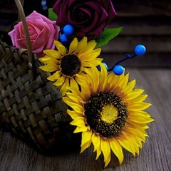 Yellow SILK Sunflowers Burgundy Foam Roses Faux FLOWER BOX Party Events Supplies