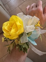 Prom Wrist Corsage & Bout Yellow Rose & Fillers, White Bow. Perfect For Prom.