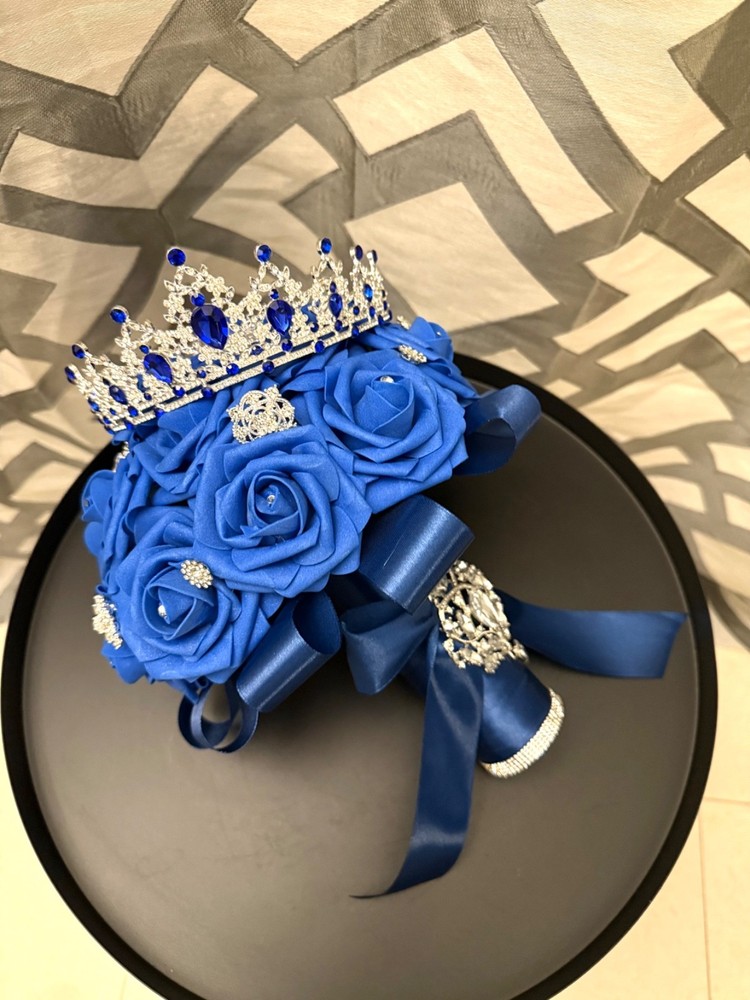 Royal Blue Silver Quincenara Ramo Sweet 16 Bridal Wedding bouquet and crown
