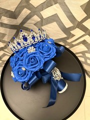 Royal Blue Silver Quincenara Ramo Sweet 16 Bridal Wedding bouquet and crown