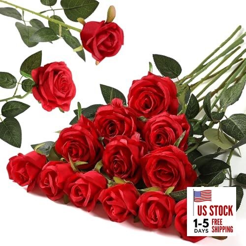 12PCS Artificial Flowers Fake Roses, Realistic Silk Long 6 Flowers 6 Buds Red
