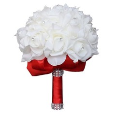 Wedding Bouquet, Crystal Diamond Silk Roses, Bride Bridal Hand Roses, 7″ x Red