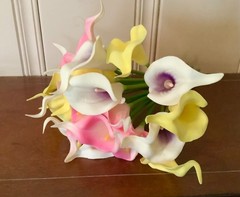 20 stem picasso purple, yellow and pink/white calla lily wedding bouquet