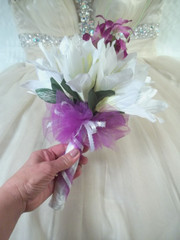 Wedding Bouquet White Lilies Ribbons Purple Orchids Tulle Men’s Corsages
