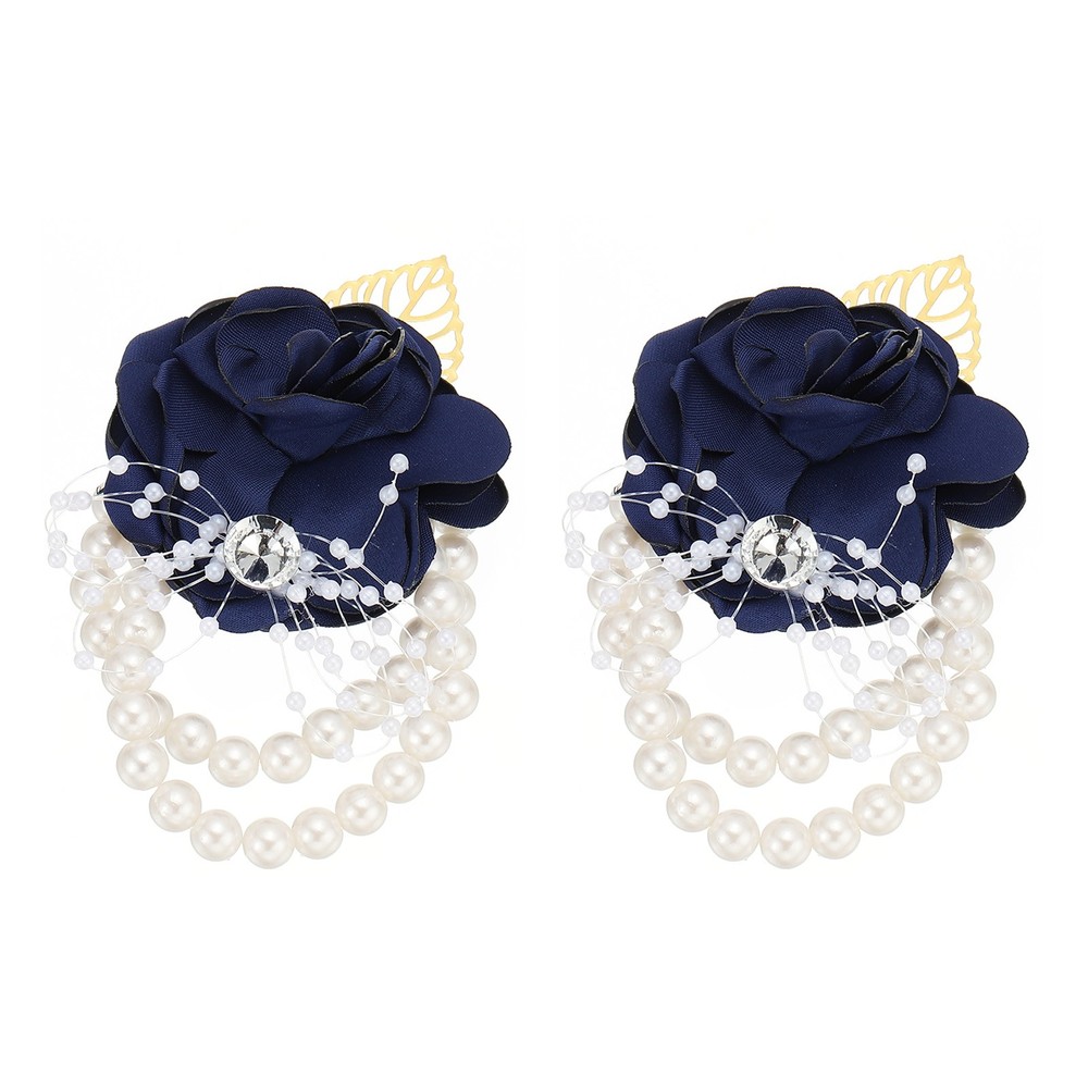 2Pcs Rose Bridesmaid Wrist Flower Artificial Bride Wrist Navy Blue