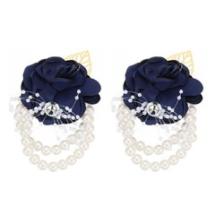 2Pcs Rose Bridesmaid Wrist Flower Artificial Bride Wrist Navy Blue