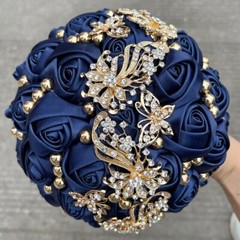 New Bridal Bouquet Exquisite Rhinestone Silk Rose and Pearl Handmade