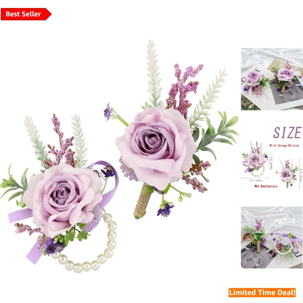 2-Pc Purple Silk Floral Corsage & Boutonniere Collection for Weddings & Proms