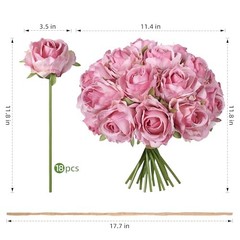 18pcs Pink Roses Artificial Flowers, Fake Roses Silk Flowers with Stems