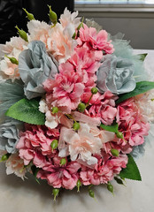 Handmade Dusty Pink Blue Bridal Wedding Bouquet Flower Girl Posey Handle 12″