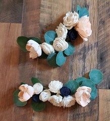 2PC Blush Peach White Wedding Cake Flower Garland Topper Sola Wood Shower Decor