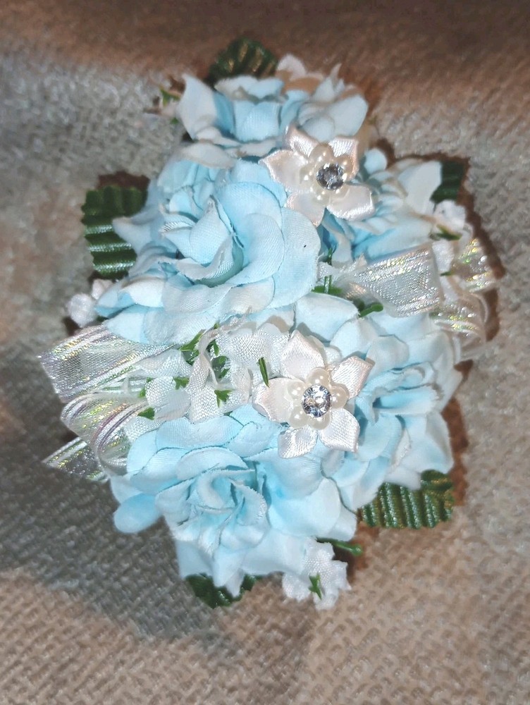 NEW 5″ Artificial Lt Blue Rose Wrist Corsage, Iridescent Bow Rhinestone Accents
