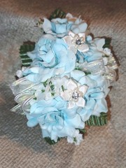 NEW 5″ Artificial Lt Blue Rose Wrist Corsage, Iridescent Bow Rhinestone Accents
