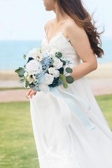 Elegant Dusty Blue Wedding Flowers Bouquet – Large 13″ Silk Roses, Perfect Bride