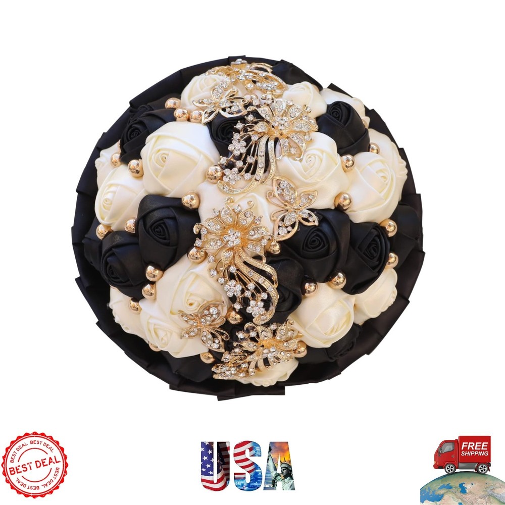 Elegant Golden Rhinestone Wedding Bouquet with Ivory Satin Roses & Crystals