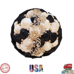 Elegant Golden Rhinestone Wedding Bouquet with Ivory Satin Roses & Crystals