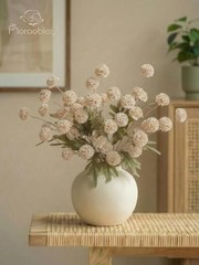 9pcs Fake Flowers Silk Mini Mums with Stems, Faux Chrysanthemum Pompon Beige