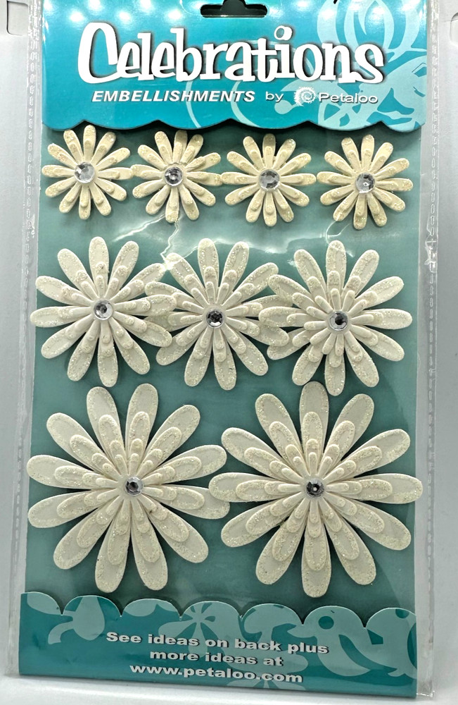 Celebrations Paper Flower by Petaloo Crafts Jeweled Layered Daisies White 9 pc