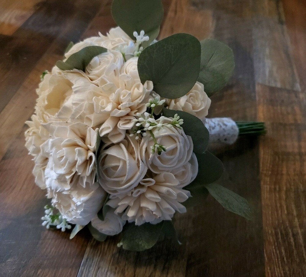 Ivory White Bridal Bouquet Artificial Sola Wood Roses Eucalyptus Wedding Flowers