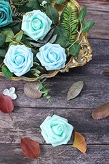 Artificial Flowers 25pcs Real Looking Foam Fake Roses with 25Pcs Aqua Blue