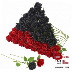 36 Pcs Silk Black Red Rose Bouquet Bridal Artificial Flowers,Fake Black, Red