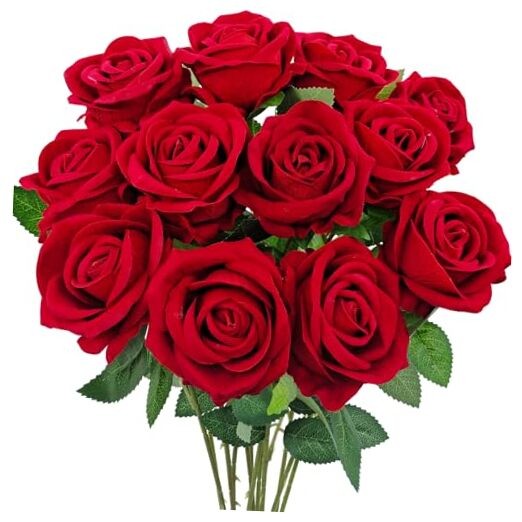 12 Pcs Velvet Rose Artificial Flowers with Long Stems, Real Touch Fake Roses