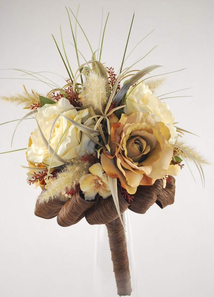 Unique and Gorgeous Wedding Bouquet Silk Flowers, Foliage and Brown Ribbon