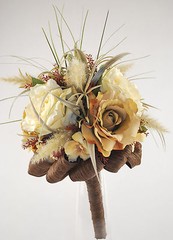 Unique and Gorgeous Wedding Bouquet Silk Flowers, Foliage and Brown Ribbon